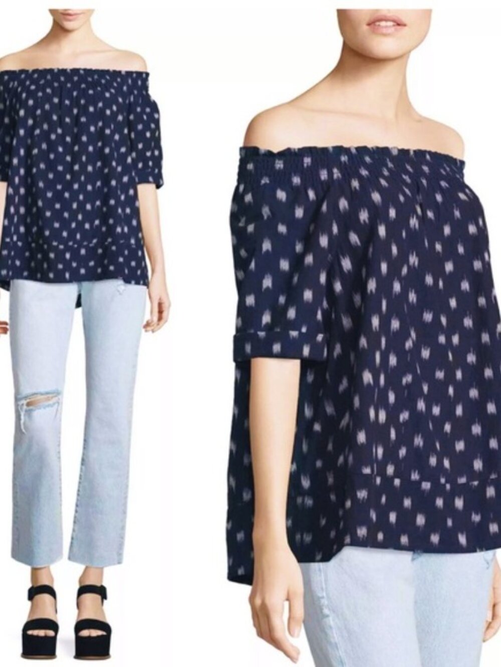 Current Elliot Navy and White Ikat Off the Shoulder Top Cotton Women’s Size 2